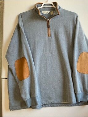 Orvis Men’s Light Blue Quarter-Zip Sweater with Tan Elbow Patches